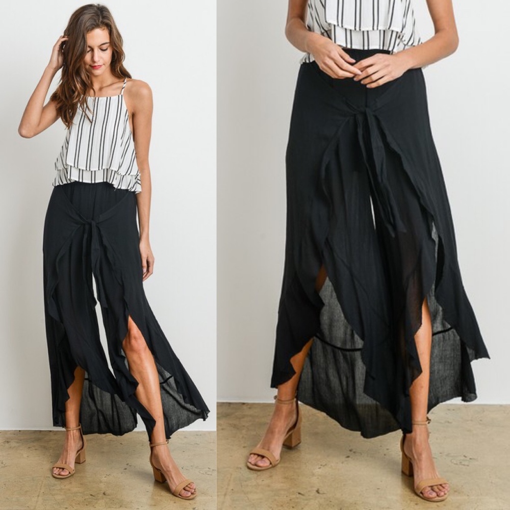 Boho Black Front Tie Flutter pants
